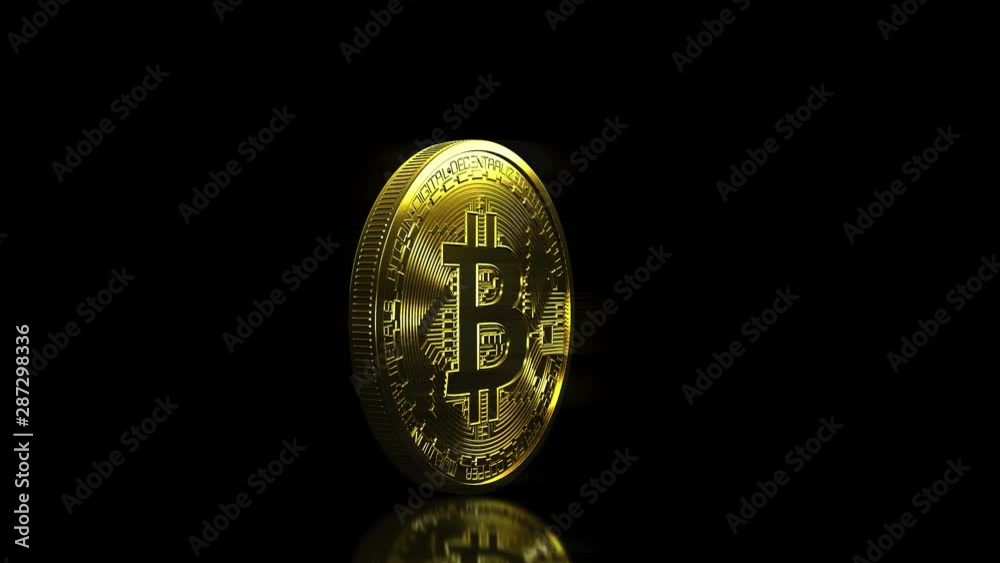 Video animation of a golden rotating bitcoin over dark reflecting background - Digital currency - Cryptocurrency