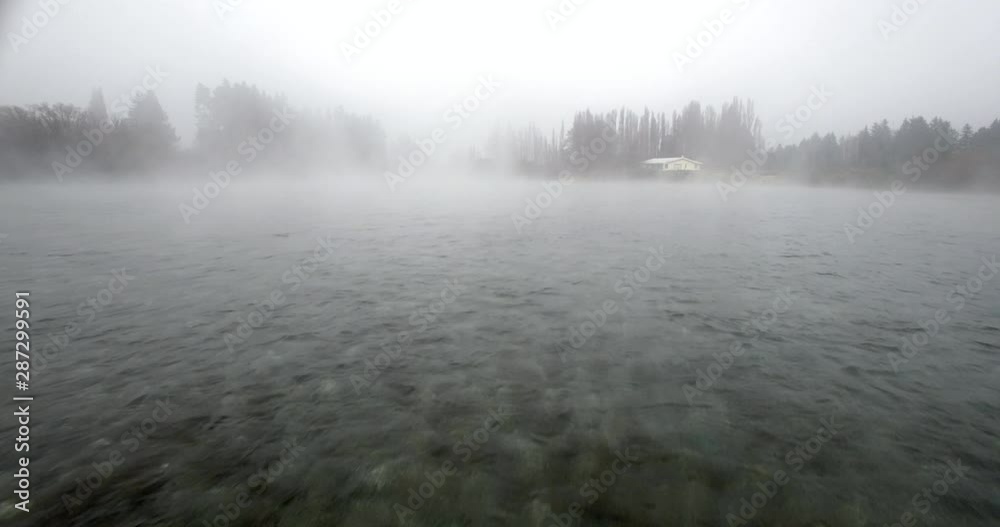 Mysterious River With Morning Fog and Trees on Riverbanks, Pull Back Aerial Mysterious River With Morning Fog and Trees on Riverbanks, Pull Back Aerial