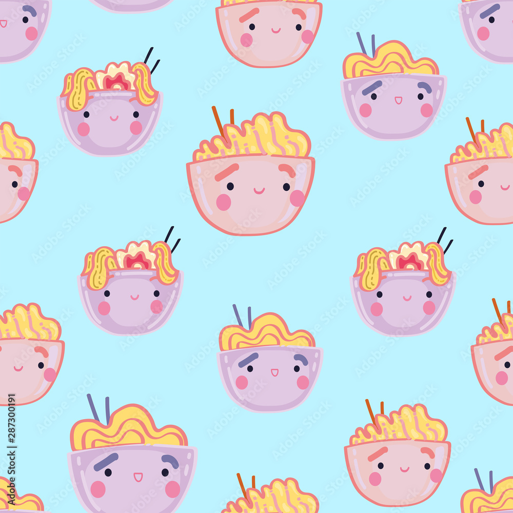 Seamless pattern with Asian food. Kawaii ramen, noodles, Udon on blue background.