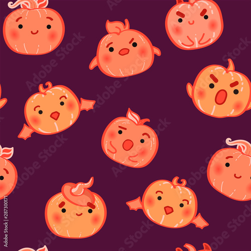 Seamless pattern with cartoon Halloween pumpkins on purple background.