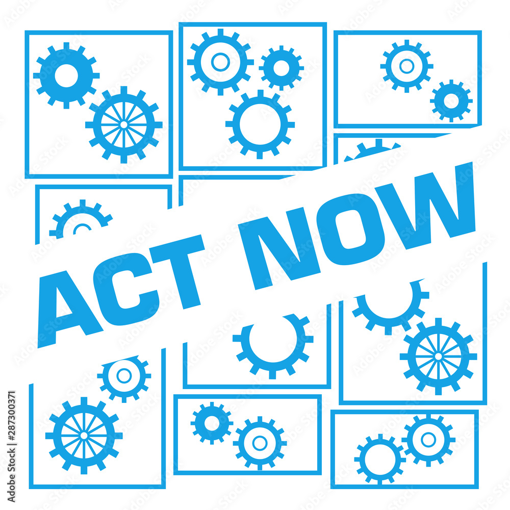 Act Now Blue Borders Gears Grid Badge Style 