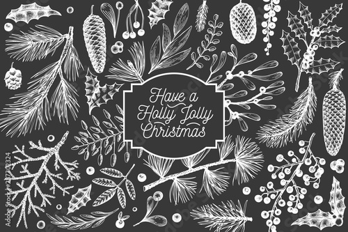 Christmas banner template. Vector hand drawn illustrations on chalk board. Greeting card design in retro style. Winter background