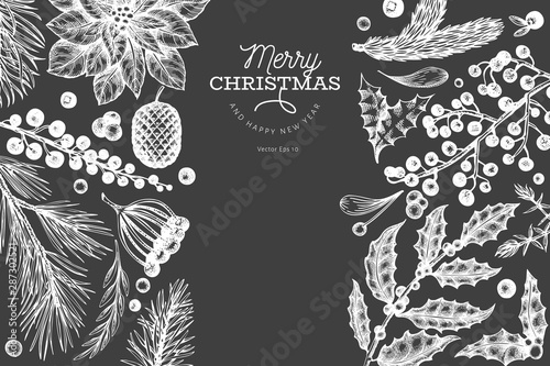 Christmas banner template. Vector hand drawn illustrations on chalk board. Greeting card design in retro style. Winter background