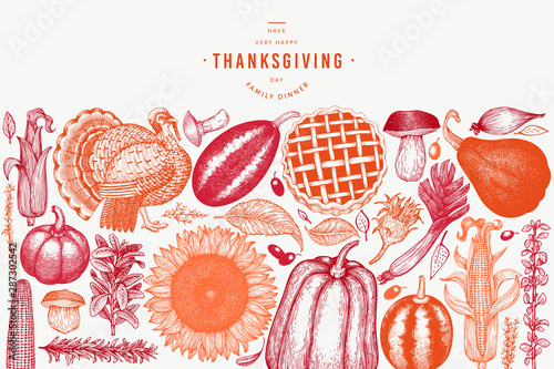 Happy Thanksgiving Day banner. Vector hand drawn illustrations. Greeting Thanksgiving design template in retro style. Autumn background. photo