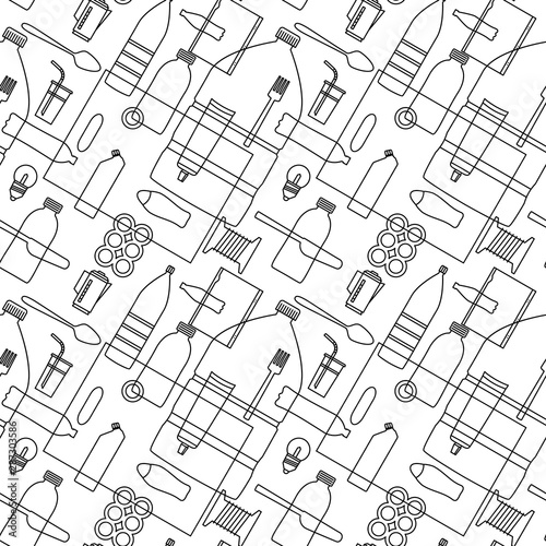 Stop using plastic seamless pattern with flat line icons. Polyethylene pollution awareness endless vector. Thin signs of plastics waste, bag, package, canister, bottle, disposable tableware, cosmetic