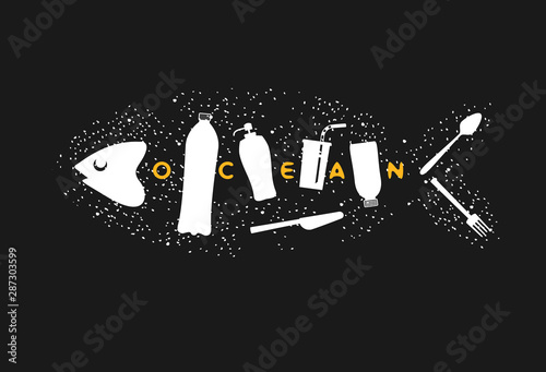 Fish skeleton as plastic trash. Ribs like a bottles, disposable glass, drinking straw, plastic spoon, fork, knife. The problem of microplastics in marine life. Keep the sea concept. Ocean pollution
