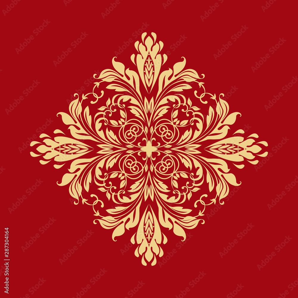 Damask graphic ornament. Floral design element. Gold and red vector pattern