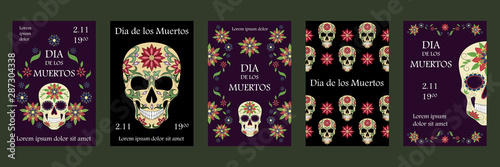 Set of vector illustrations for the day of the dead. Skulls decorated with a pattern. Mexican skulls. Design elements for cards, flyers, banners, invitations.