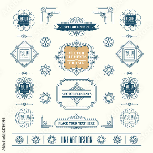 Set of linear thin line art deco retro vintage design elements with frame corner badge in geometric shape