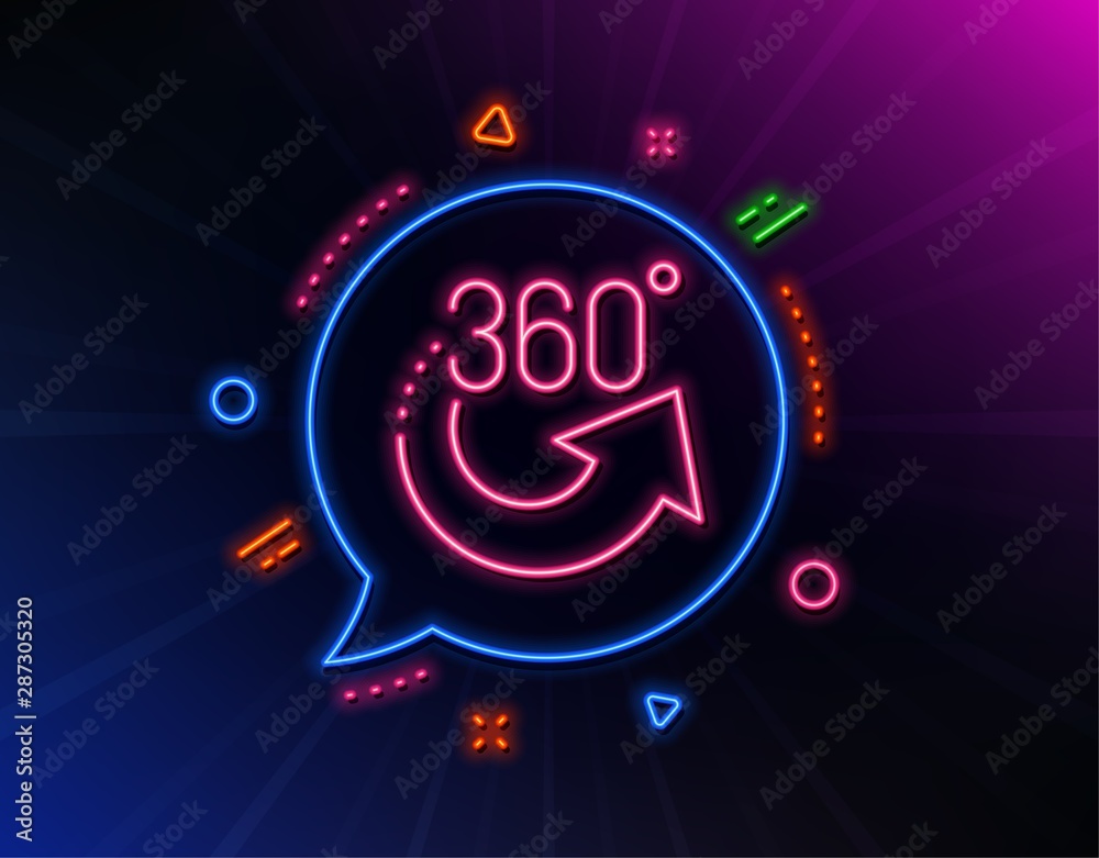 360 degrees line icon. Neon laser lights. VR simulation sign. Panoramic view symbol. Glow laser speech bubble. Neon lights chat bubble. Banner badge with 360 degrees icon. Vector
