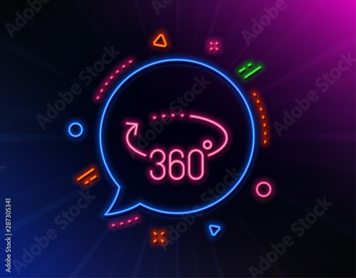 360 degrees line icon. Neon laser lights. VR simulation sign. Panoramic view symbol. Glow laser speech bubble. Neon lights chat bubble. Banner badge with 360 degrees icon. Vector
