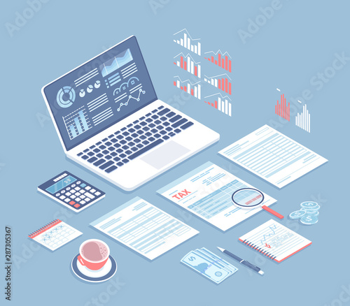 Tax payment, bookkeeping, accounting. Tax form, laptop with charts on the screen, calculator, documents, money, magnifying glass, coffee on the table. Isometric 3d vector background.