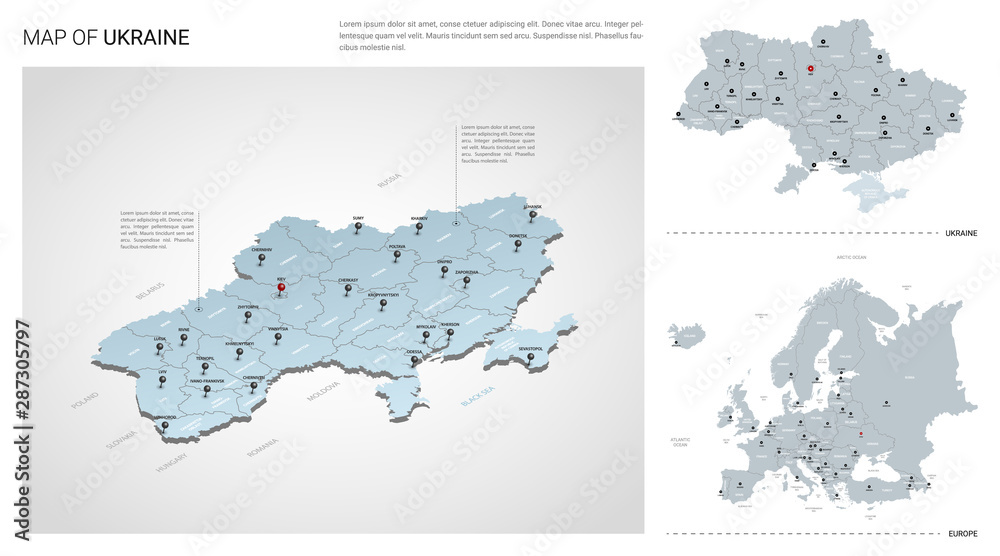 Vector set of Ukraine country.  Isometric 3d map, Ukraine map, Europe map - with region, state names and city names.