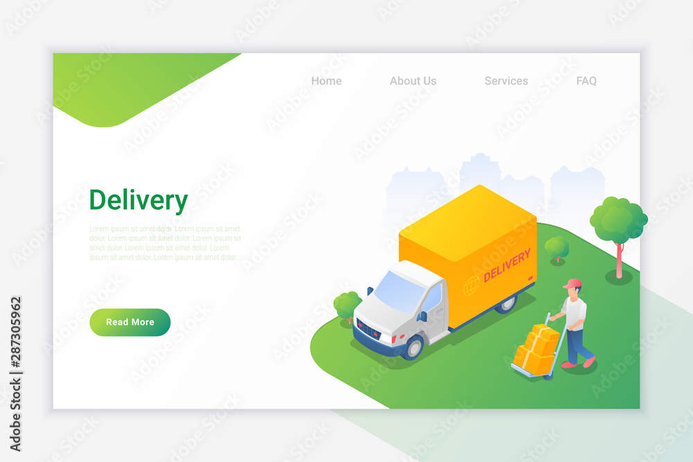 Delivery Truck and Man with Boxes Isometric Flat Vector Illustration design concept.