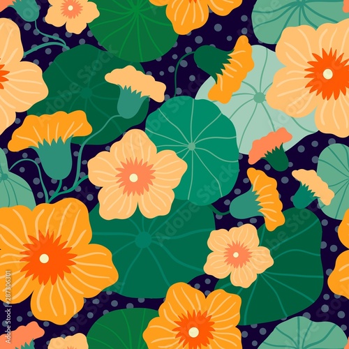 Floral seamless pattern with decorative orange flowers (nasturtium) and leaves