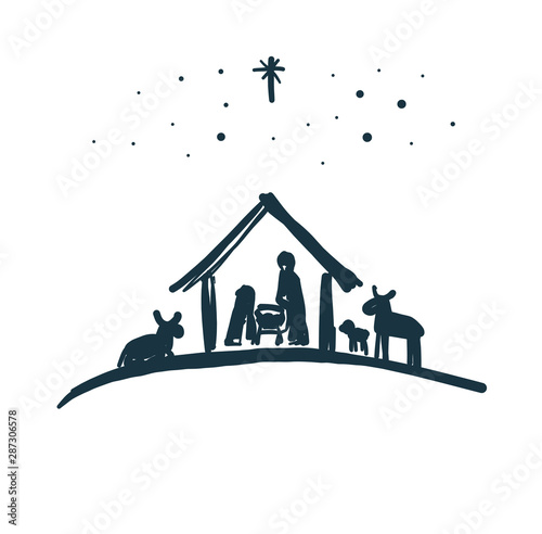 Drawing, Bible Merry christmas scene of holy family. Vector