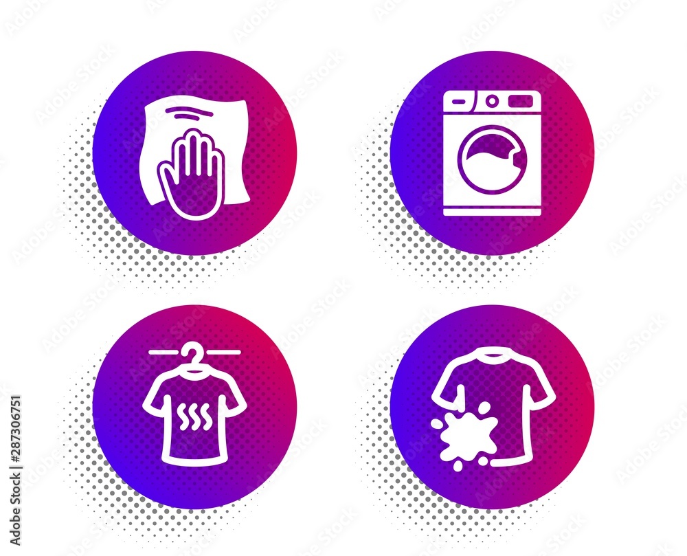 Dry t-shirt, Washing cloth and Washing machine icons simple set. Halftone dots button. Dirty t-shirt sign. Laundry shirt, Wipe with a rag, Laundry service. Cleaning set. Vector Dry t-shirt, Washing cloth and Washing machine icons simple set. Halftone dots button. Dirty t-shirt sign. Laundry shirt, Wipe with a rag, Laundry service. Cleaning set. Vector