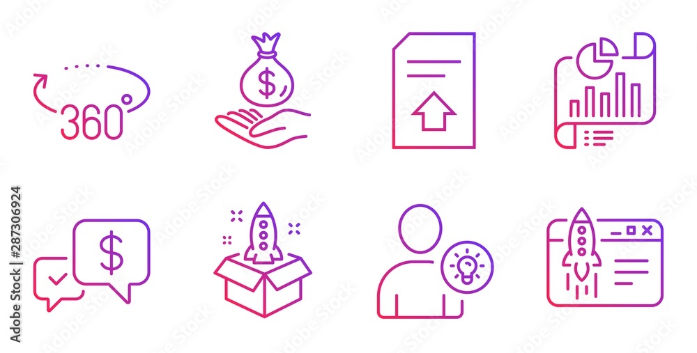 Startup, Report document and 360 degrees line icons set. User idea ...