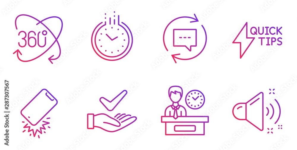 Time, Quickstart guide and Smartphone broken line icons set. Update comments, Presentation time and Dermatologically tested signs. Full rotation, Loud sound symbols. Clock, Lightning symbol. Vector Time, Quickstart guide and Smartphone broken line icons set. Update comments, Presentation time and Dermatologically tested signs. Full rotation, Loud sound symbols. Clock, Lightning symbol. Vector