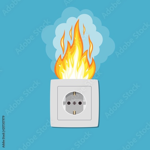 Socket in fire. Electric circuit broken. Overload electrical connection. Flame plug. Vector illustration in flat style