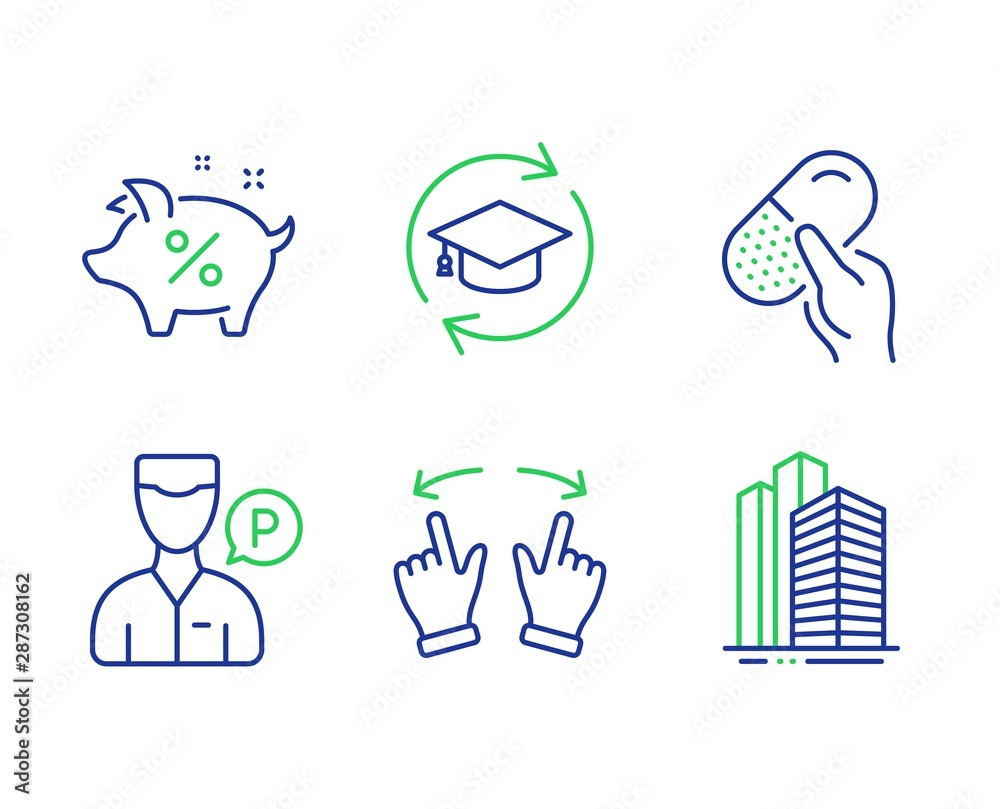 Valet servant, Move gesture and Continuing education line icons set. Loan percent, Capsule pill and Skyscraper buildings signs. Parking man, Swipe, Online education. Piggy bank. Business set. Vector Valet servant, Move gesture and Continuing education line icons set. Loan percent, Capsule pill and Skyscraper buildings signs. Parking man, Swipe, Online education. Piggy bank. Business set. Vector