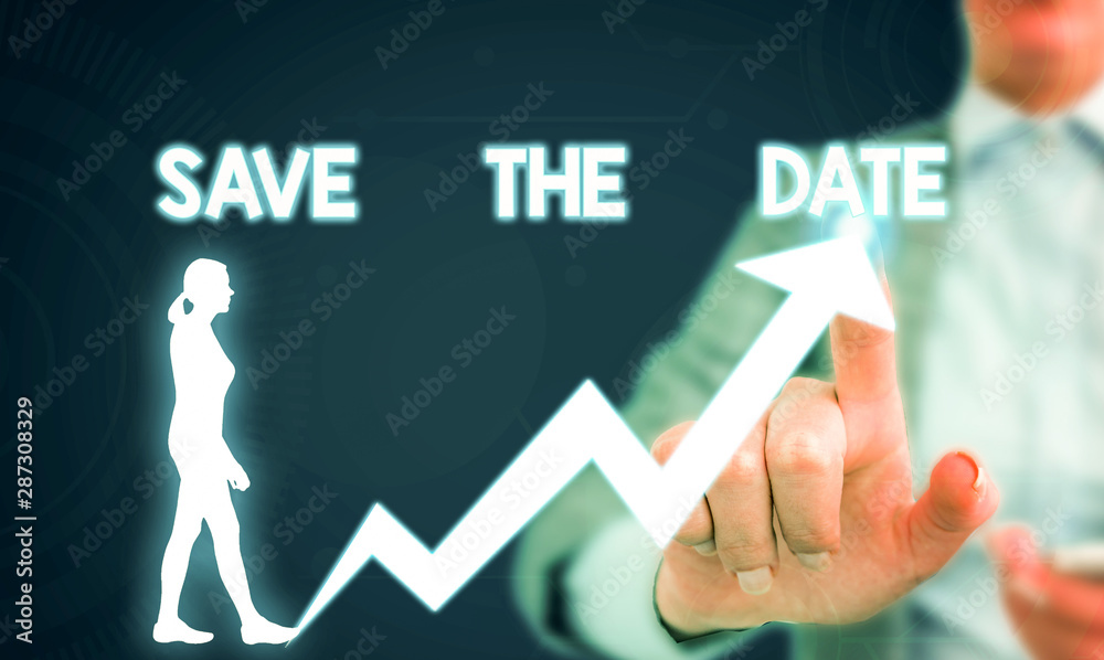 Text sign showing Save The Date question. Business photo showcasing asking someone to remember specific day or time Female human wear formal work suit presenting presentation use smart device Text sign showing Save The Date question. Business photo showcasing asking someone to remember specific day or time Female human wear formal work suit presenting presentation use smart device