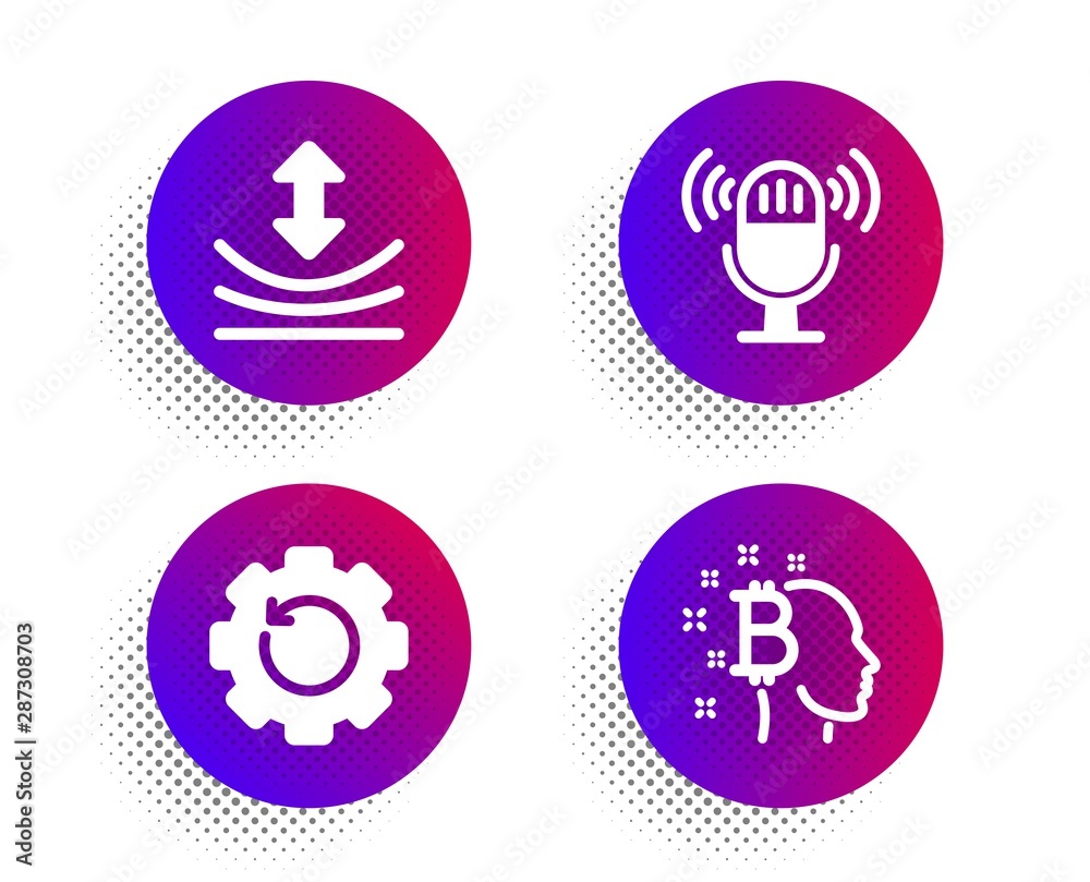 Microphone, Resilience and Recovery gear icons simple set. Halftone dots button. Bitcoin think sign. Mic, Elastic, Backup info. Cryptocurrency head. Technology set. Vector Microphone, Resilience and Recovery gear icons simple set. Halftone dots button. Bitcoin think sign. Mic, Elastic, Backup info. Cryptocurrency head. Technology set. Vector