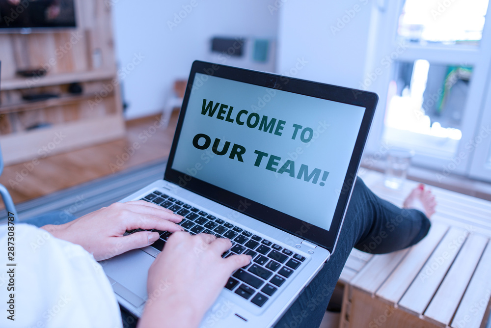 Word writing text Welcome To Our Team. Business photo showcasing introducing another demonstrating to your team mates woman laptop computer office supplies technological devices inside home Word writing text Welcome To Our Team. Business photo showcasing introducing another demonstrating to your team mates woman laptop computer office supplies technological devices inside home