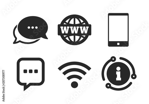 Smartphone and chat speech bubble symbols. Chat, info sign. Communication icons. Wifi and internet globe signs. Classic style speech bubble icon. Vector