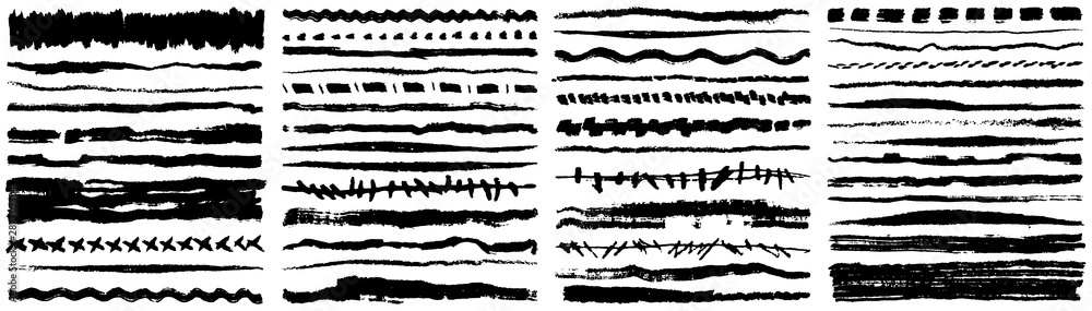 Vector set of grunge ink brush strokes. Black artistic paint, hand drawn. Dry brush stroke elements collection isolated on white background. 