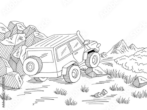 Offroad car travel road graphic black white landscape sketch illustration vector