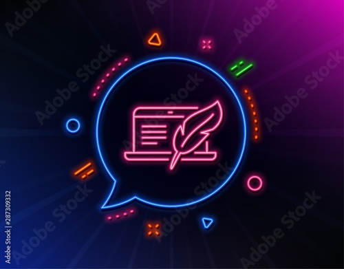 Copywriting notebook line icon. Neon laser lights. Ð¡opyright feather sign. Media content symbol. Glow laser speech bubble. Neon lights chat bubble. Banner badge with copyright laptop icon. Vector