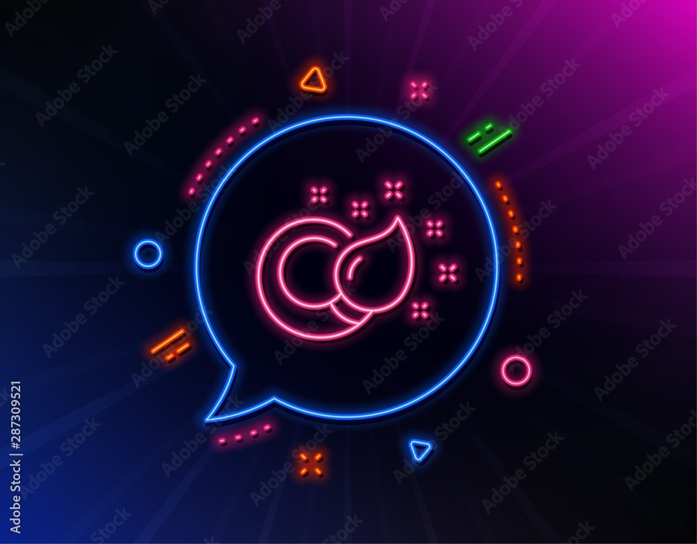 Paint brush line icon. Neon laser lights. Creativity sign. Graphic art symbol. Glow laser speech bubble. Neon lights chat bubble. Banner badge with paint brush icon. Vector