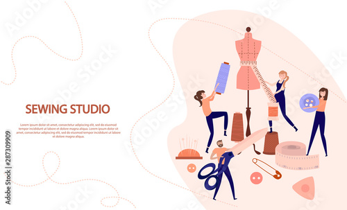 Sewing Studio Concept. Tailor Create Outfit and Apparel, Assistant Working with Mannequin. Creative Atelier Web Page. Editable vector illustration. 