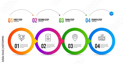 Balloons, View document and Parking line icons set. Timeline infographic. Arena sign. Air balloons, Open file, Park pointer. Sport stadium. Balloons icon. Timeline diagram. Vector