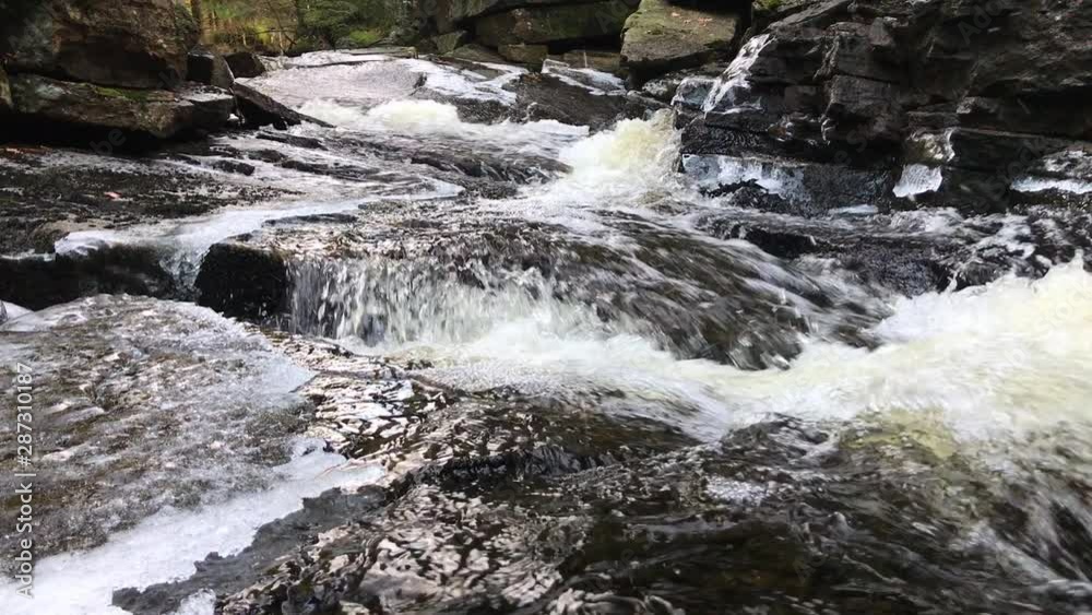 Slow motion video of a small waterfall in a creek running down in the woods in winter time in Halland, Sweden Slow motion video of a small waterfall in a creek running down in the woods in winter time in Halland, Sweden