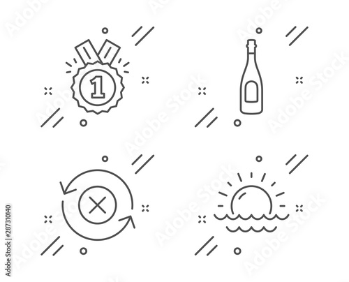 Champagne, Approved and Reject refresh line icons set. Sunset sign. Celebration drink, Winner badge, Update rejection. Sunny weather. Business set. Line champagne outline icon. Vector