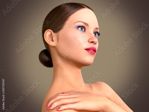 Beauty Woman face Portrait. Beautiful model Girl with Perfect Fresh Clean Skin color 3D Illustration