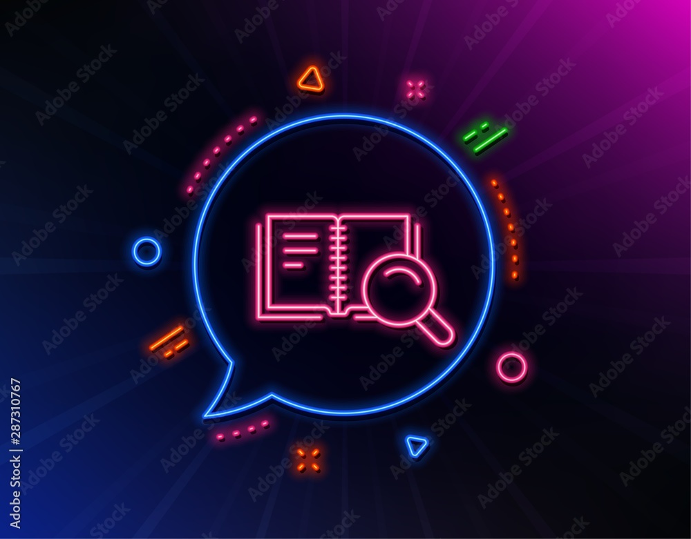 Search in Book line icon. Neon laser lights. Education symbol. Instruction or E-learning sign. Glow laser speech bubble. Neon lights chat bubble. Banner badge with search Book icon. Vector