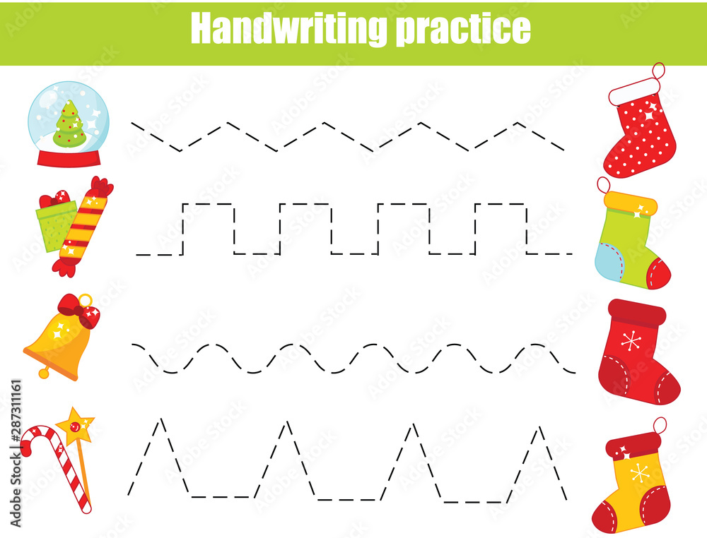 Put gifts in Christmas stockings. handwriting practice sheet. Educational children game. Preschool Tracing for kids and toddlers.