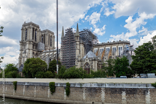 Paris, France: Notre Dame de Paris. Reinforcement work in progress after the fire. Wood Shoring now prevent the flying buttresses from collapsing.