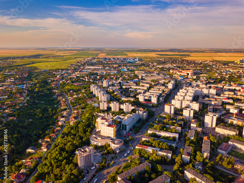 Aerial view of Slatina, Romania. Drone flight over the european city in summer day.