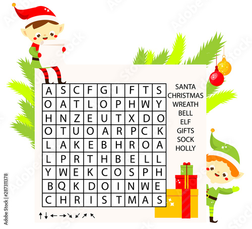 Educational game for children. Christmas Word search puzzle kids activity. new year theme learning vocabulary.