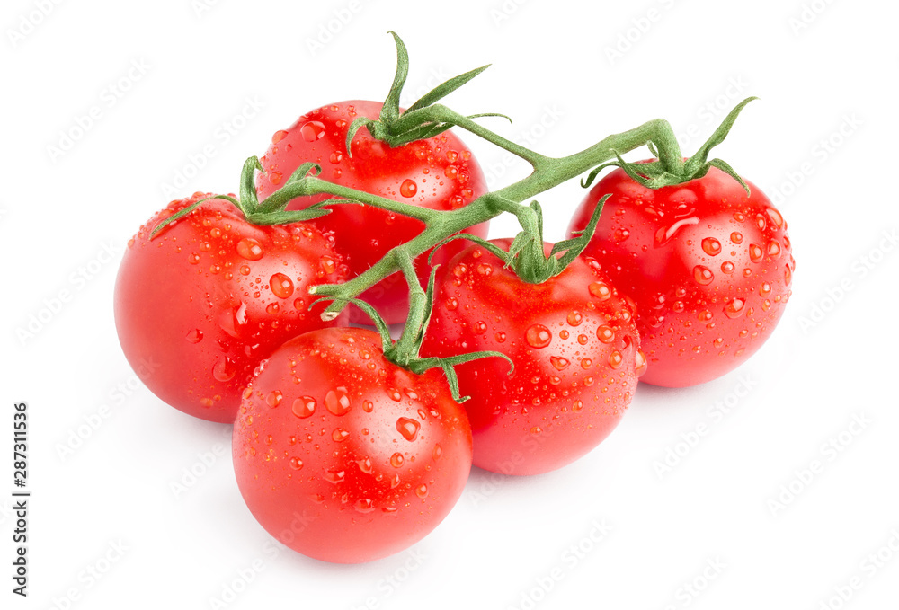 Branch of delicious fresh cherry tomatoes with water drops, isolated on white background Branch of delicious fresh cherry tomatoes with water drops, isolated on white background
