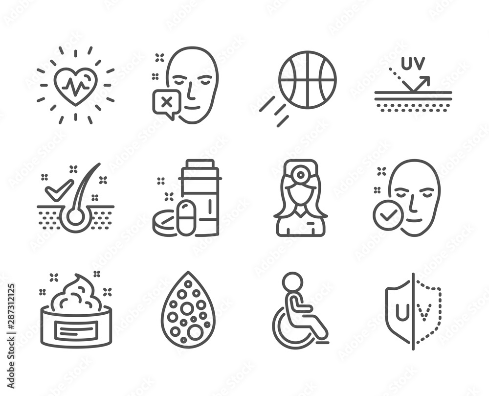 Fototapeta premium Set of Healthcare icons, such as Uv protection, Uv protection, Health skin, Face declined, Oculist doctor, Medical drugs, Heartbeat, Anti-dandruff flakes, Skin cream, Artificial colors. Vector