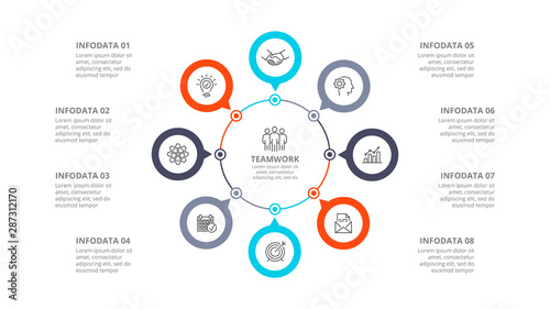 Cyclic diagram infographic with circles. Modern infographic design template with 8 options, steps or parts. Flat vector illustration for business presentation.