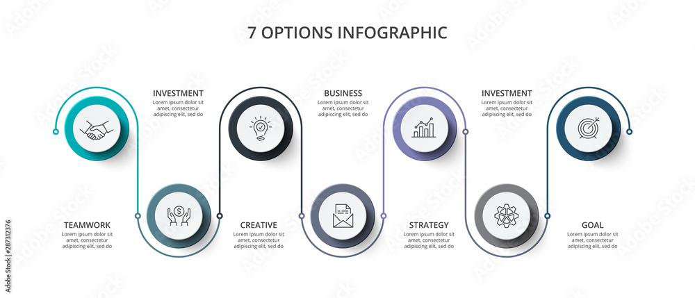 Vector infographic circle design template with icons. Can be used for process diagram, presentations, workflow layout, banner, flow chart, info graph with 7 options or steps. Vector infographic circle design template with icons. Can be used for process diagram, presentations, workflow layout, banner, flow chart, info graph with 7 options or steps.