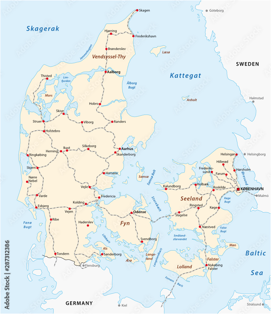 Map of the main railroad tracks in Denmark