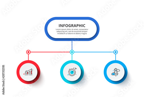 Flow chart with main abstract element and 3 circles. Modern infographic design template. Creative concept of three stages of business project.