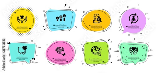 Collagen skin, Heart and Person info line icons set. Chat bubbles with quotes. Customer satisfaction, Ranking and Clapping hands signs. Vision test, Hold heart symbols. Skin care, Love chat. Vector